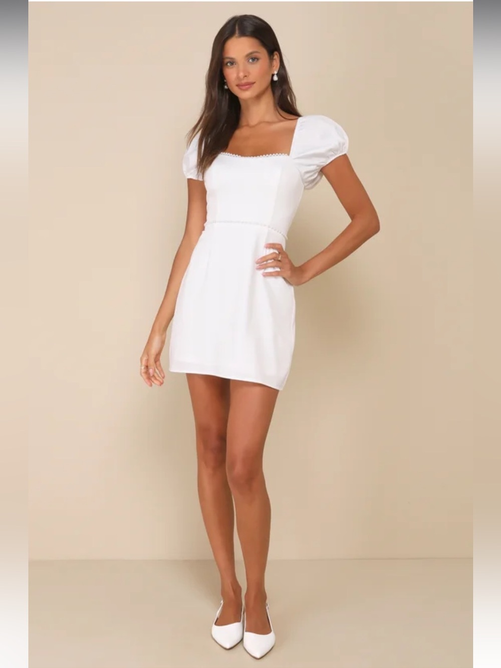 Lulus NWT Adorable Poise White Satin Puff Sleeves Pearl Mini Dress S